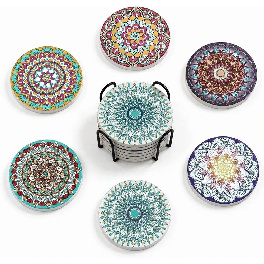 Ceramic Drink Coasters Set of 6 Absorbent Mandala Cork Holder Table Protector
